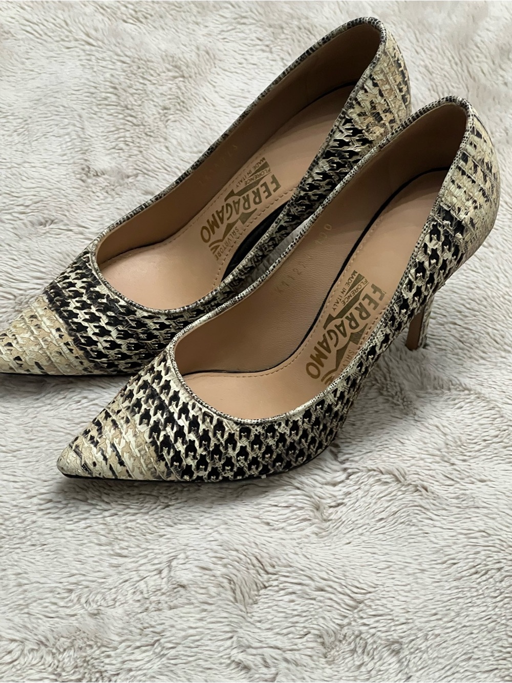 Salvatore Ferragamo Beige and Black Snakeskin-Pattern Pointed Toe Pumps